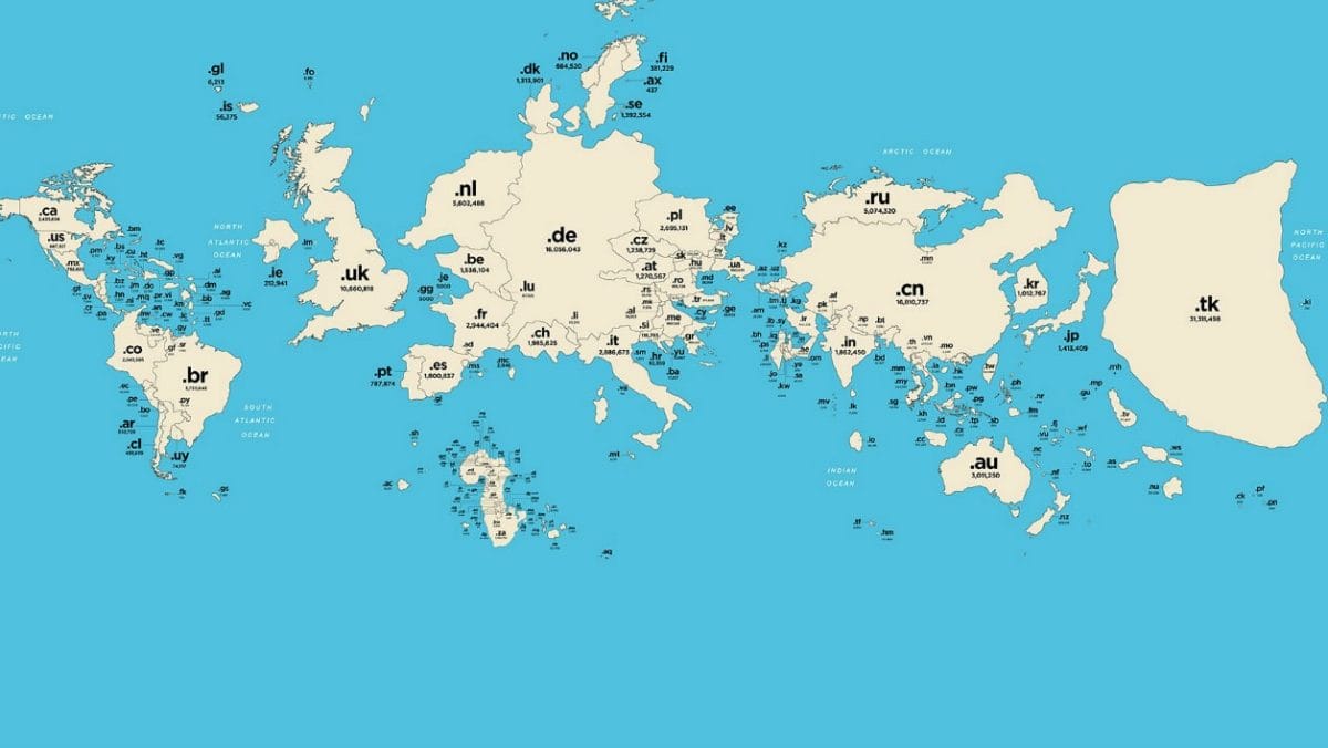 Carte du monde des noms de domaine cctlds par Nominet